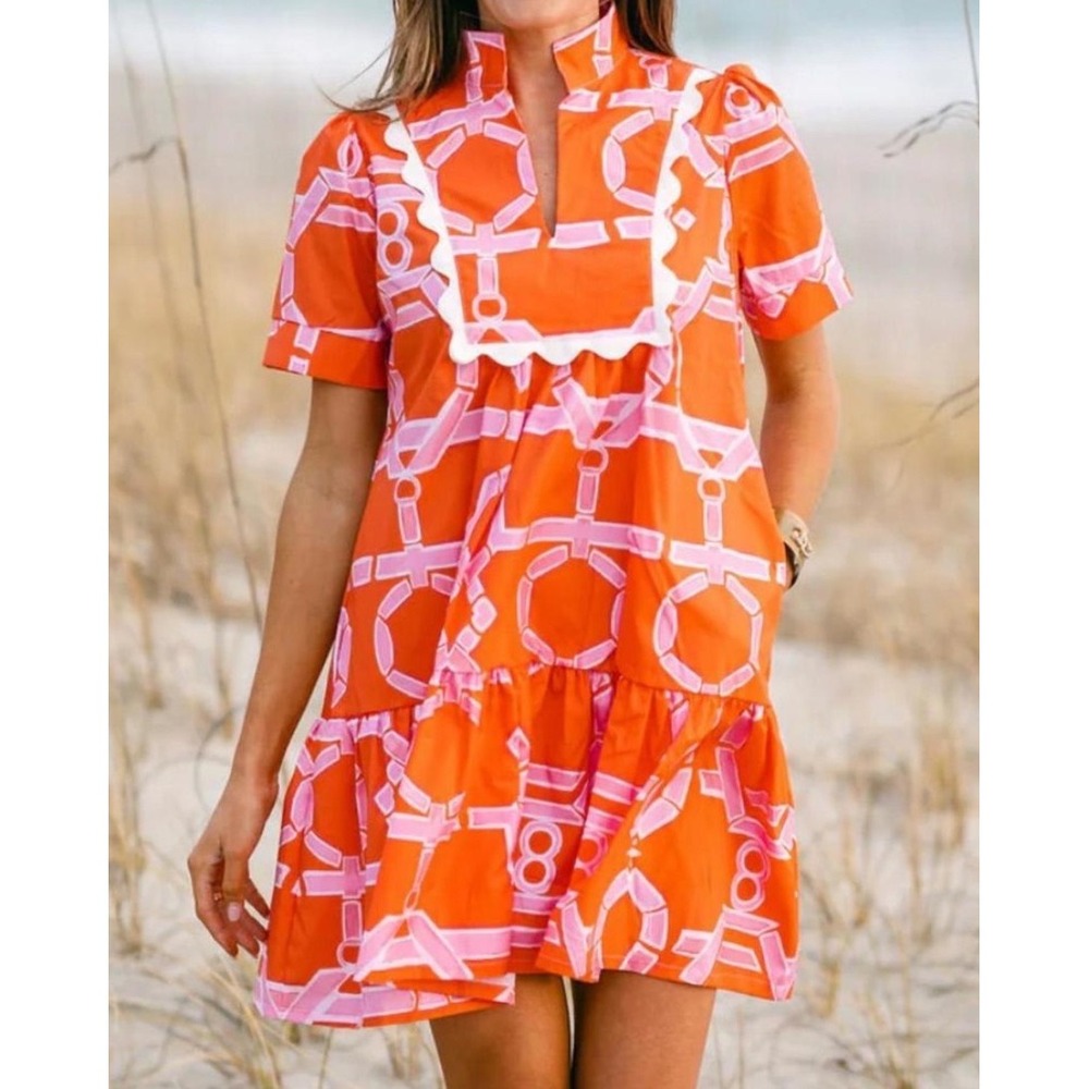 House of MBR Pippa Short Dress Orange Pink Clinks Geometric Mini 2X